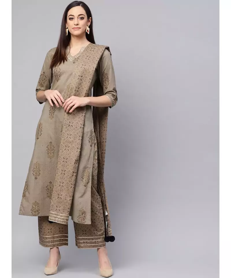Gold Print Kurta With Printed Palazzo Pants And Dupatta