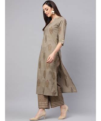 Gold Print Kurta With Printed Palazzo Pants And Dupatta 5
