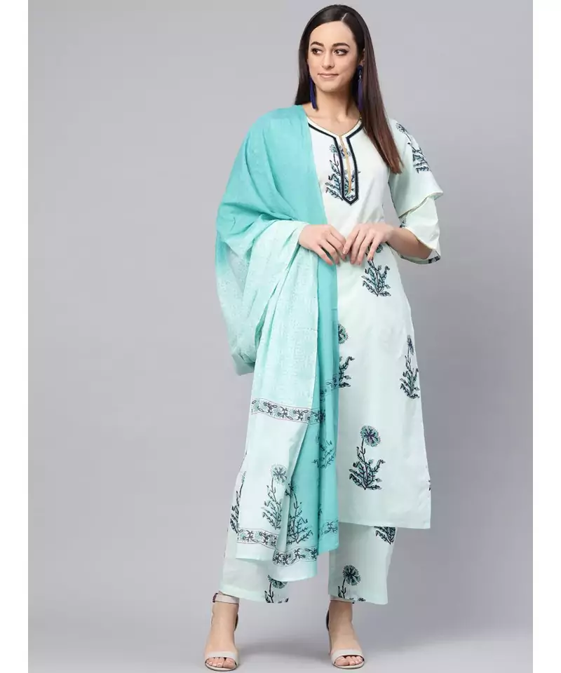 Hand Block Print Kurta With Dupatta And Printed Palazzo Pants