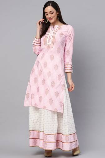 Baby Pink Printed Kurta With Gold Print Skirt