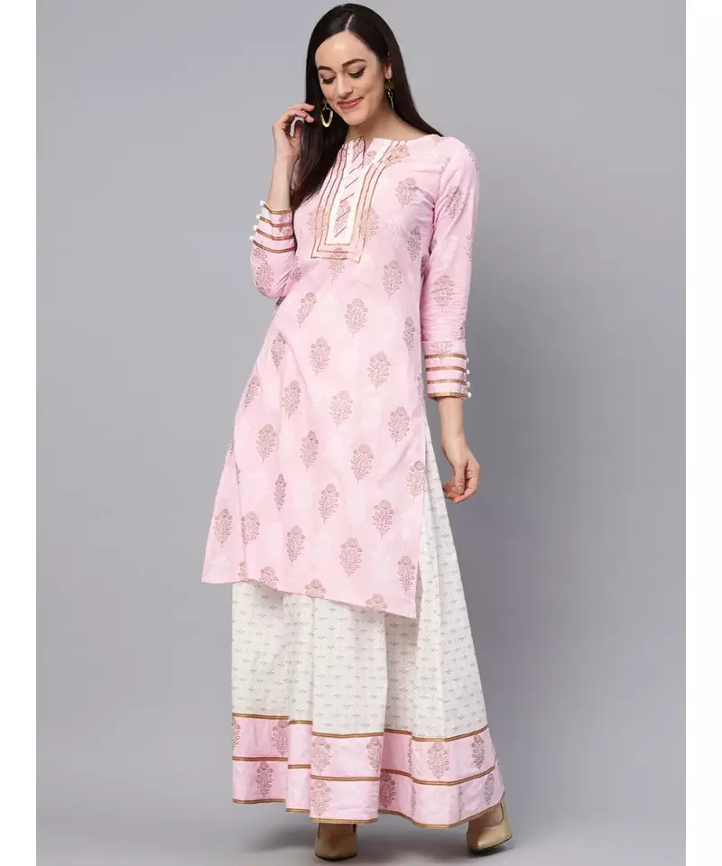 Baby Pink Printed Kurta With Gold Print Skirt