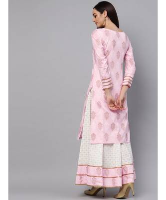 Baby Pink Printed Kurta With Gold Print Skirt 5