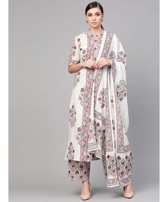 White Floral Booti Kurta With Dupatta 