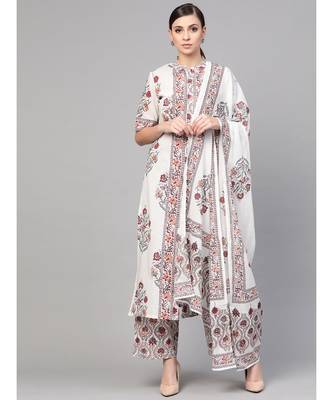 White Floral Booti Kurta With Dupatta & Printed Palazzo Pants 2