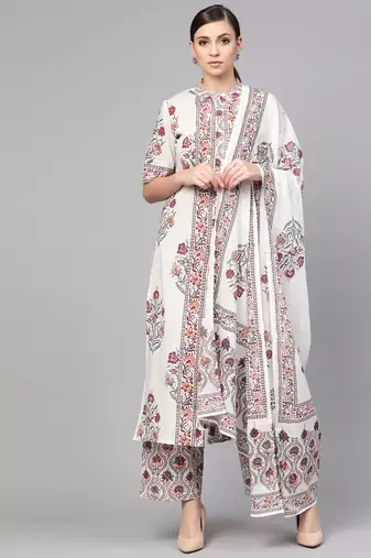 White Floral Booti Kurta With Dupatta & Printed Palazzo Pants
