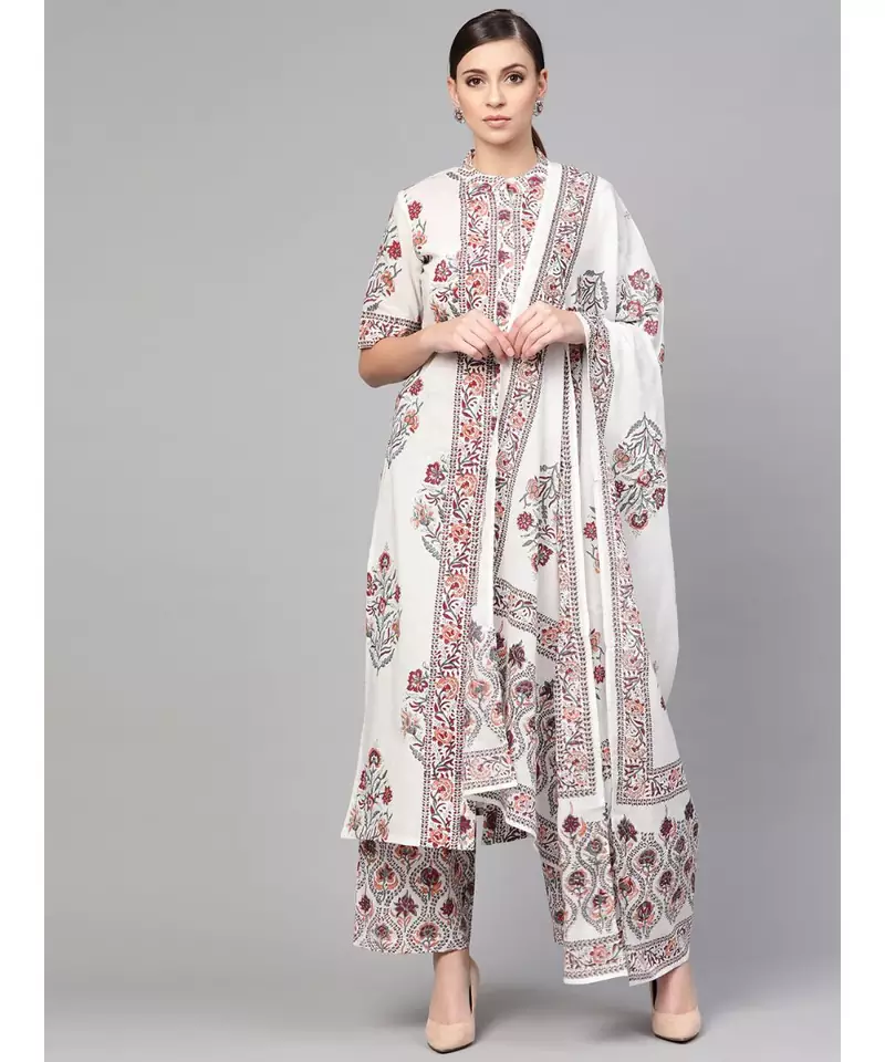 White Floral Booti Kurta With Dupatta & Printed Palazzo Pants