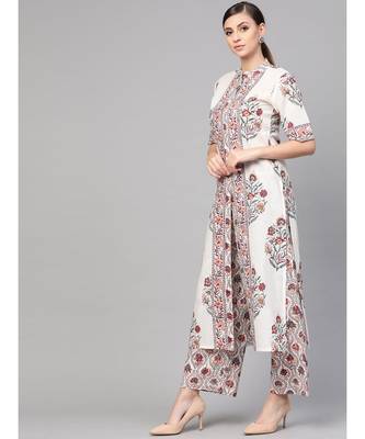 White Floral Booti Kurta With Dupatta & Printed Palazzo Pants 4