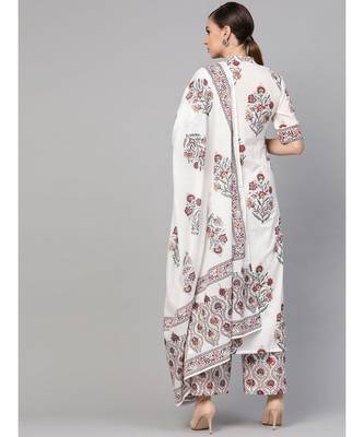 White Floral Booti Kurta With Dupatta & Printed Palazzo Pants 5