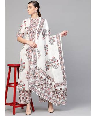White Floral Booti Kurta With Dupatta & Printed Palazzo Pants 6