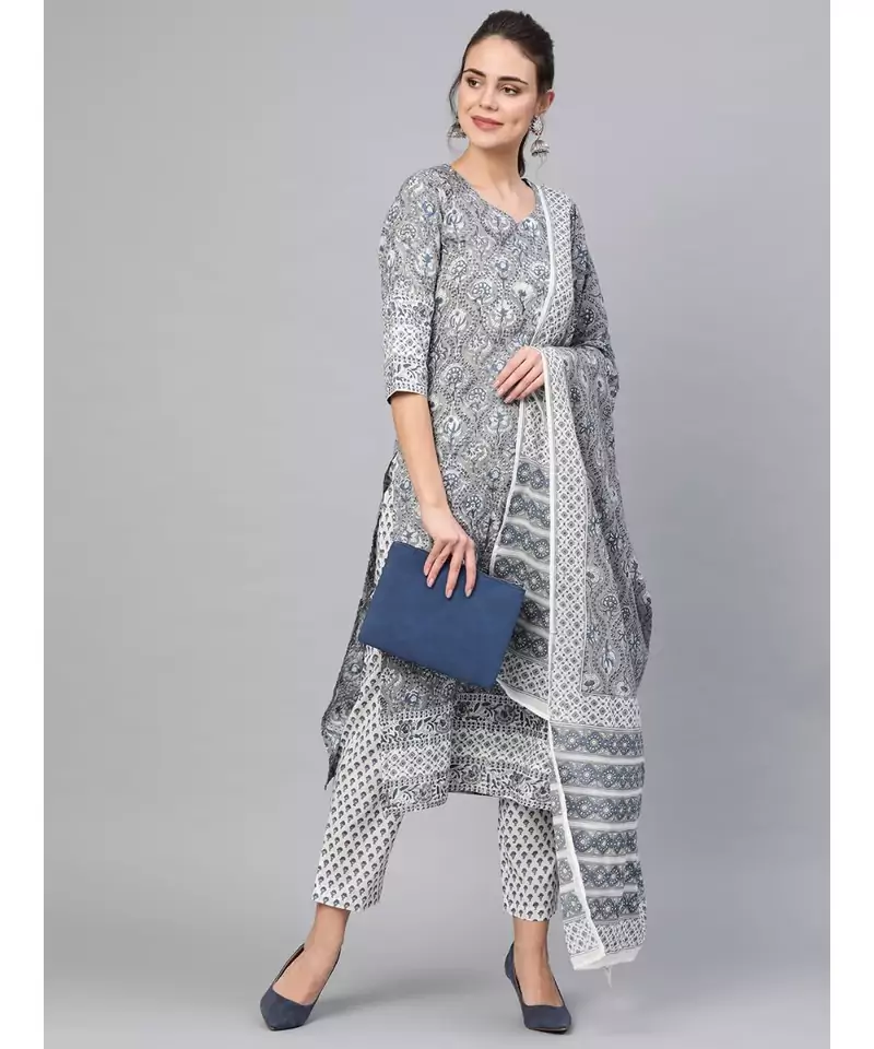 Grey & Black Print Kurta Set With Dupatta