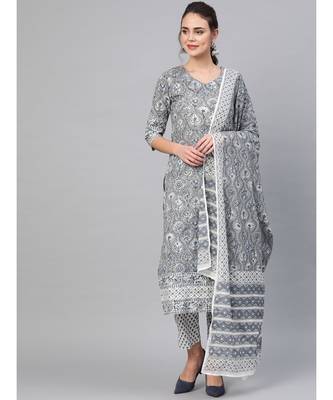 Grey & Black Print Kurta Set With Dupatta 3