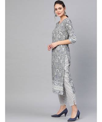 Grey & Black Print Kurta Set With Dupatta 4