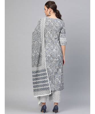 Grey & Black Print Kurta Set With Dupatta 5