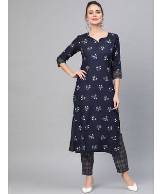 Navy Blue Khari Gold Print Kurta Set 1