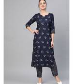 Navy Blue Khari Gold Print Kurta Set