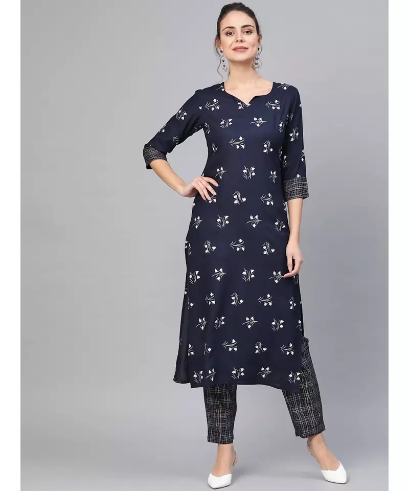 Navy Blue Khari Gold Print Kurta Set