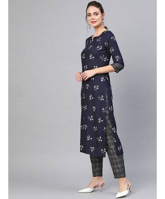 Navy Blue Khari Gold Print Kurta Set 3