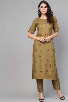 Mehandi Green Khari Gold Print Kurta Set