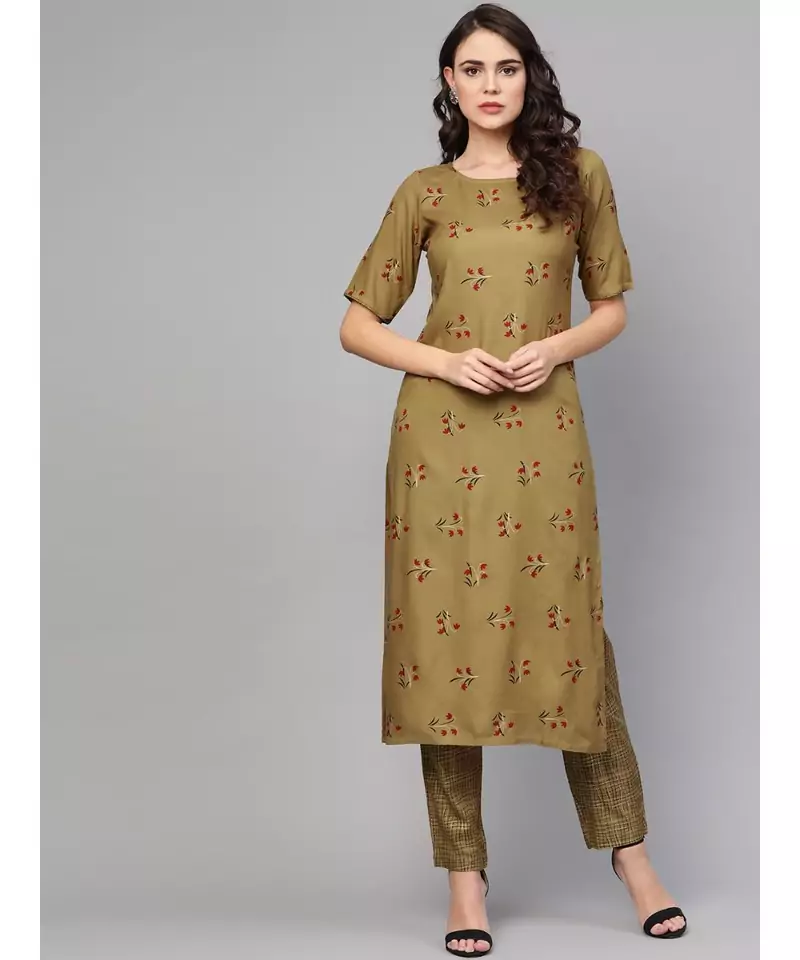 Mehandi Green Khari Gold Print Kurta Set