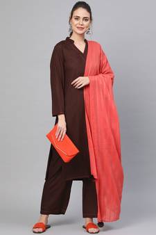 Solid Coffee Color Rayon Kurta Set With Art Silk Dupatta