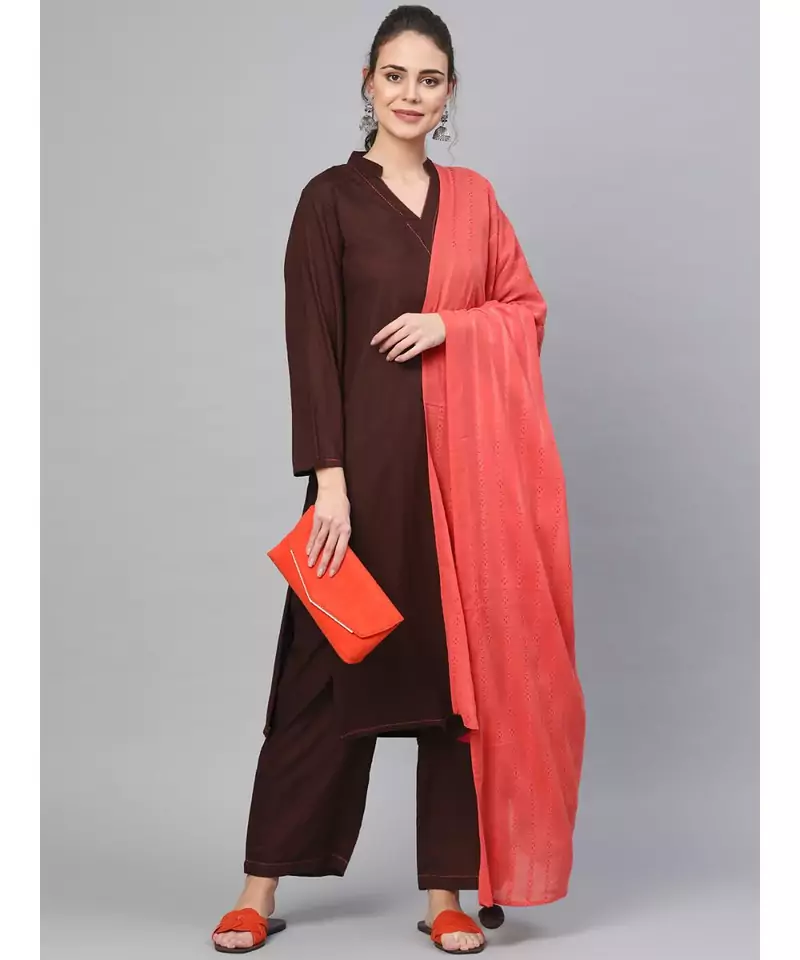 Solid Coffee Color Rayon Kurta Set With Art Silk Dupatta