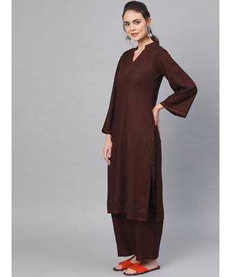 Solid Coffee Color Rayon Kurta Set With Art Silk Dupatta 2