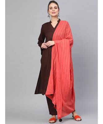 Solid Coffee Color Rayon Kurta Set With Art Silk Dupatta 3