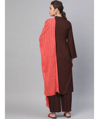 Solid Coffee Color Rayon Kurta Set With Art Silk Dupatta 4