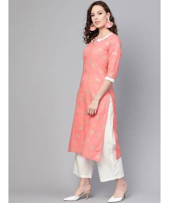 Salmon Gold Print Kurta Set 3
