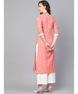 Salmon Gold Print Kurta Set 4