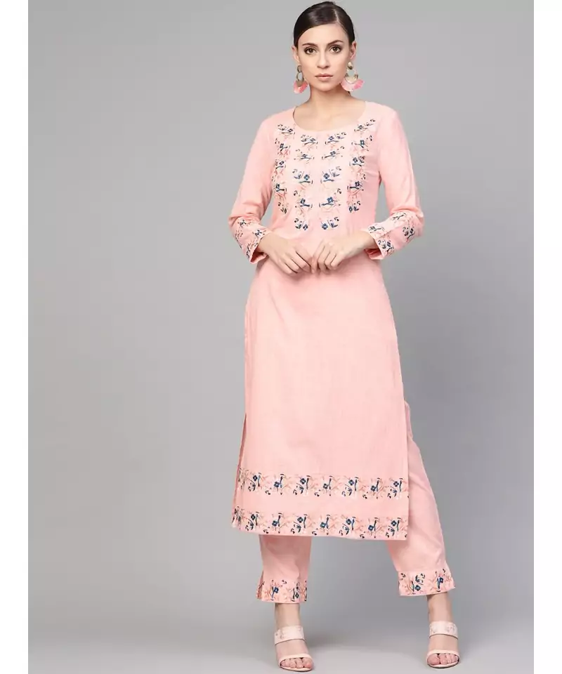 Baby Pink Embroidered Kurta With Pants
