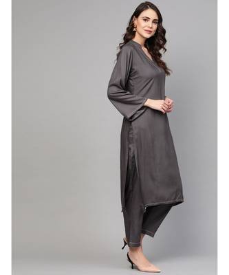 Grey Solid Rayon Kurta Set With Art Silk Dupatta 3