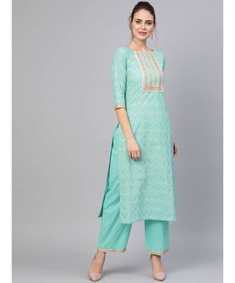 Rama Green Gold Print Kurta With Pant set 1