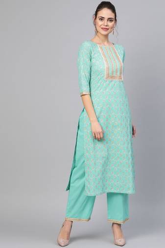 Rama Green Gold Print Kurta With Palazzo Pants