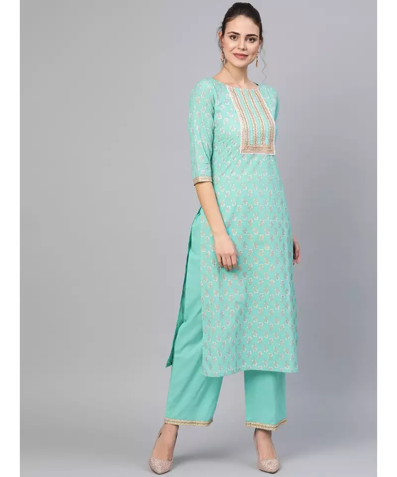Rama Green Gold Print Kurta With Palazzo Pants