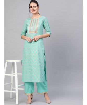 Rama Green Gold Print Kurta With Pant set 5