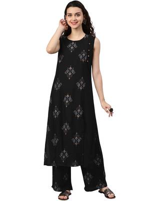 Women's Black Colour Khadi Print Flared Rayon Kurta With Palazzo 1