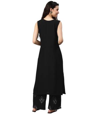 Women's Black Colour Khadi Print Flared Rayon Kurta With Palazzo 2