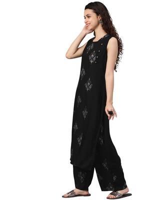 Women's Black Colour Khadi Print Flared Rayon Kurta With Palazzo 3