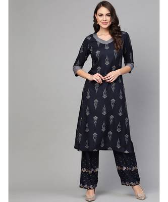 Navy Blue Khari Gold Print Kurta Set 1