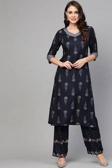 Navy Blue Khari Gold Print Kurta Set