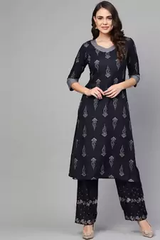 Navy Blue Khari Gold Print Kurta Set