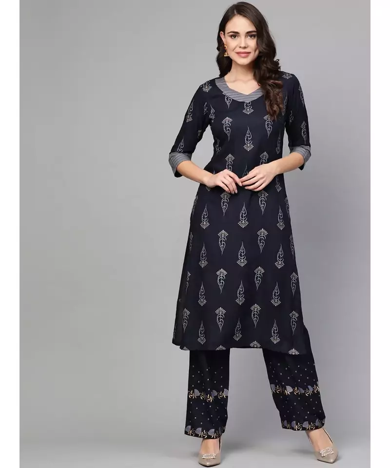 Navy Blue Khari Gold Print Kurta Set