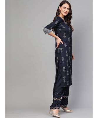 Navy Blue Khari Gold Print Kurta Set 3