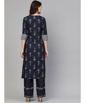 Navy Blue Khari Gold Print Kurta Set 4