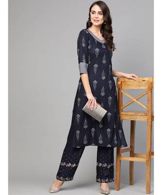 Navy Blue Khari Gold Print Kurta Set 5