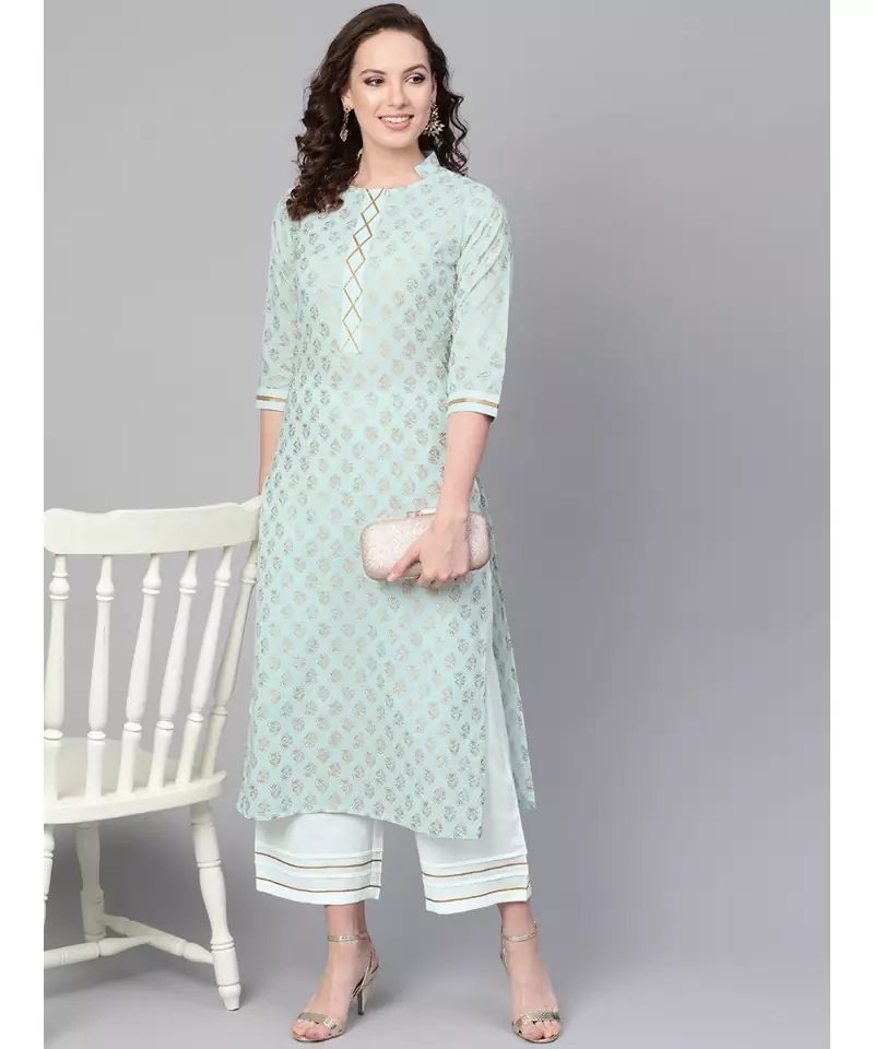Sky Blue Khari Gold Print Kurta Set