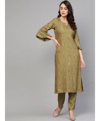 Olive Green Gold Print Kurta Set 1