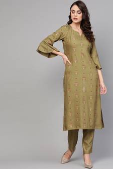 Olive Green Gold Print Kurta Set