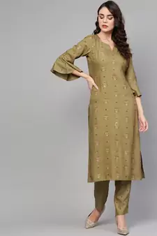Olive Green Gold Print Kurta Set
